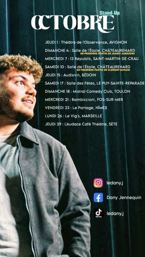 Affiche de la tournée stand-up d'octobre 2026 du Dany', avec les dates et les salles