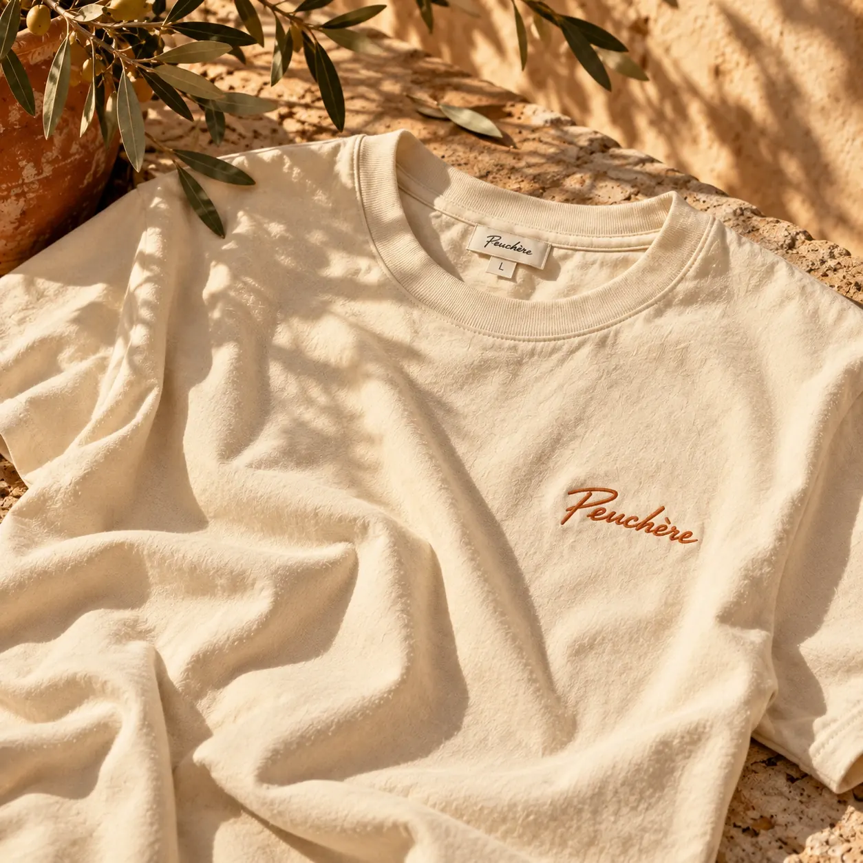T-shirt Peuchère plié contre une pierre, le mot brodé en fil terracotta sur le coton écru